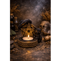 Porta velas Gato Negro Resina con Pentagrama 11x9,7x8,3cm