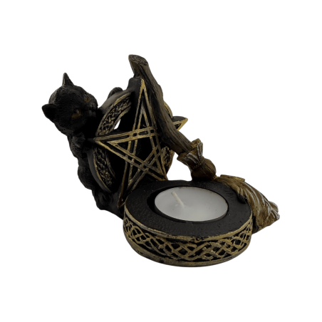 黒猫とほうきを持った五芒星キャンドルホルダーの置物 11x9.7x8.3cm
