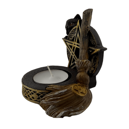 Figura Porta espelmes Pentagrama amb Gat Negre i Escombra 11x9,7x8,3cm
