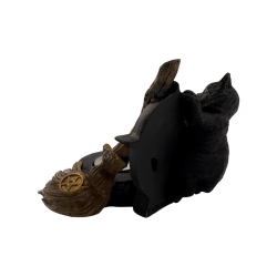 Statuetta portacandele a forma di pentagramma con gatto nero e scopa, 11x9,7x8,3 cm