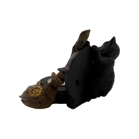Statuetta portacandele a forma di pentagramma con gatto nero e scopa, 11x9,7x8,3 cm