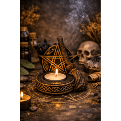 Pentagram kandelaar met beeldje, zwarte kat en bezem, 11x9,7x8,3 cm