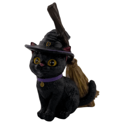 Figura Resina Gato Brujo con Escoba 11cm.