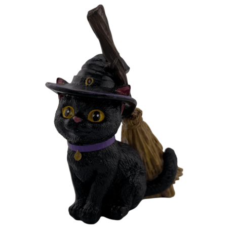 Figurine en résine Chat Sorcière avec balai 11 cm.