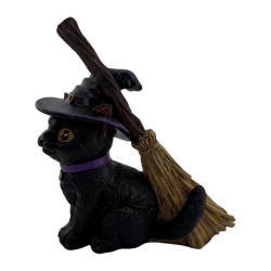 Resin Figure Witch Cat with Broom 11cm.