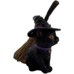 Figurine en résine Chat Sorcière avec balai 11 cm.