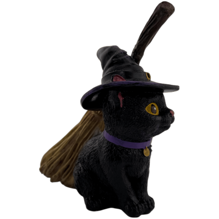 Figurine en résine Chat Sorcière avec balai 11 cm.