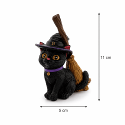 Figurine en résine Chat Sorcière avec balai 11 cm.
