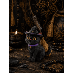 Resin Figure Witch Cat with Broom 11cm.