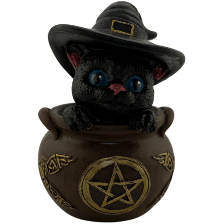 Figurine en résine Chat Sorcière dans un chaudron 11 cm
