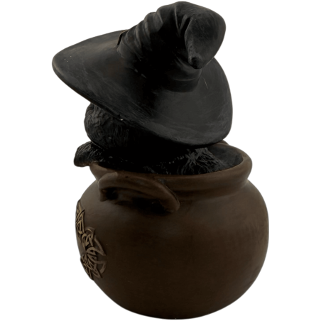 Statuetta in resina di una strega-gatto in un calderone, 11 cm.