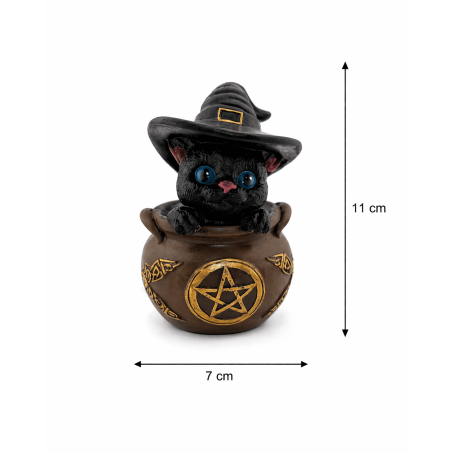 Statuetta in resina di una strega-gatto in un calderone, 11 cm.