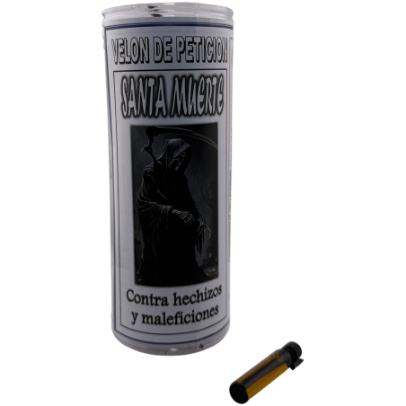 Velón Petición Santa Muerte con Oración y Aceite 15x6cm - Contra Hechizos y Maleficios