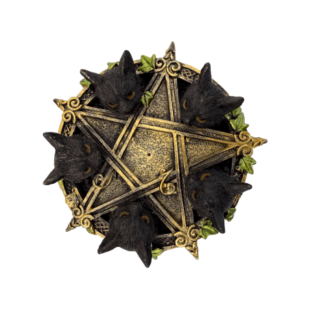 Porta incenso a forma di pentagramma con gatti neri, 13x12,6x3,7 cm