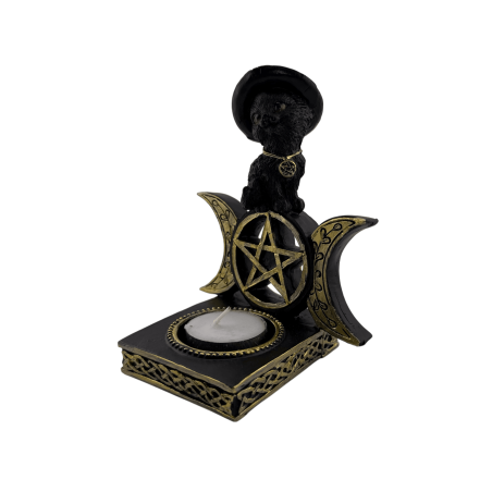 Castiçal de pé em forma de gato bruxa com pentagrama - 10,5 x 8,5 x 12,7 cm