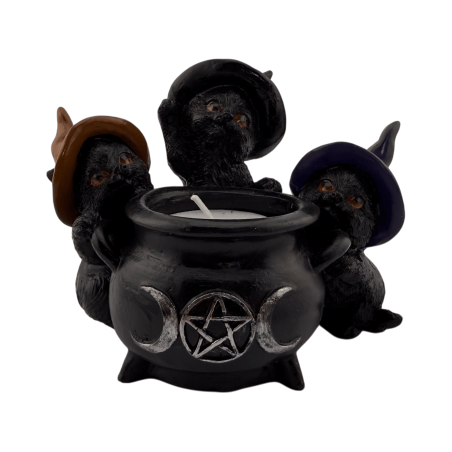 3 Black Cats Candle Holder with Cauldron and Triple Moon - 11.8x10x8.5cm