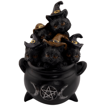 魔法の釜と三日月をモチーフにした魔法使い猫の樹脂製フィギュア - 9.5x8x12.8cm