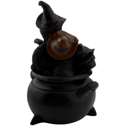 Resin Figurine of a Wizard Cat in a Magic Cauldron with a Triple Moon - 9.5x8x12.8cm
