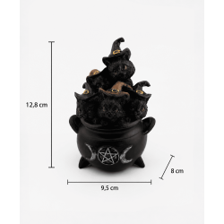Estatueta de resina de um gato mago em um caldeirão mágico com uma lua tripla - 9,5 x 8 x 12,8 cm