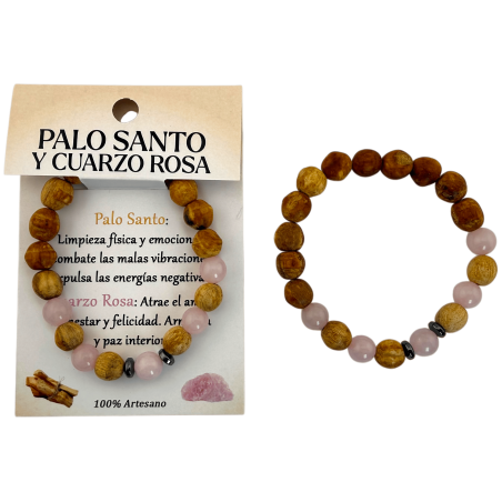 Pulseira de Palo Santo e Quartzo Rosa 8mm - Purificação, Amor, Harmonia, Felicidade e Paz Interior