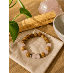 Pulseira de Palo Santo e Quartzo Rosa 8mm - Purificação, Amor, Harmonia, Felicidade e Paz Interior