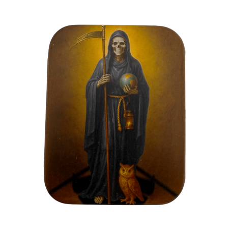 Figurină din rășină Santa Muerte neagră de 5 cm în tablă