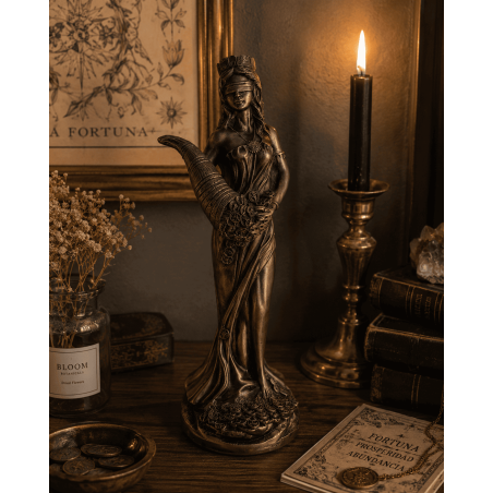 Statuetta in resina della Dea della Fortuna, base rotonda, alta 20 cm.