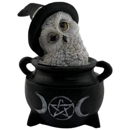 Resin Figurine Owl Wicca Cauldron Triple Moon Black Hat 7.7x6.2x10cm
