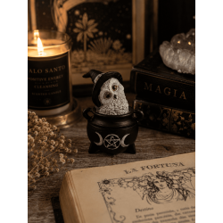 Statuetta in resina a forma di gufo, calderone Wicca, tripla luna, cappello nero, 7,7x6,2x10 cm