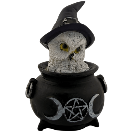 Resin Figurine Owl Wicca Cauldron Triple Moon Purple Hat 7.7x6.2x10cm