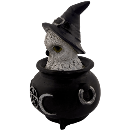 Resin Figurine Owl Wicca Cauldron Triple Moon Purple Hat 7.7x6.2x10cm