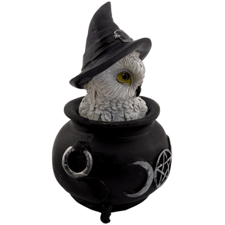 Resin Figurine Owl Wicca Cauldron Triple Moon Purple Hat 7.7x6.2x10cm