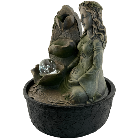 Fonte de água Gaia Mãe Terra em resina com luz, 20x20x25cm