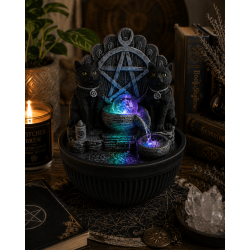 Fonte de água em resina para gatos, estilo Wicca, com pentagrama e luz, 21x21x25cm