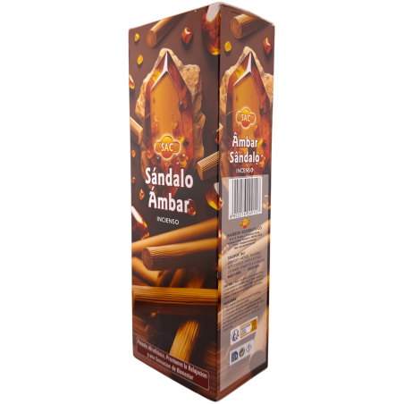 Incenso SAC de Sândalo e Âmbar - Caixa com 6 embalagens hexagonais de 20 varetas cada, totalizando 120 varetas de incenso.