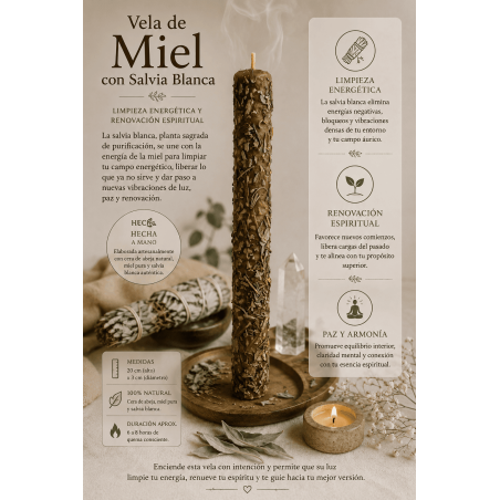Vela de Mel com Sálvia Branca - 100% Cera de Abelha Genuína - Limpeza Energética e Renovação Espiritual