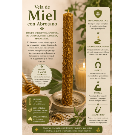 Honigkerze mit Beifuß – 100 % echtes Bienenwachs – Energieschild, öffnet Wege, bringt Glück, Stärke und Ausstrahlung...