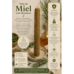 Vela de Mel amb Romero - 100% Cera d'Abella Autèntica - Neteja, Prosperitat, Contra Energies Negatives, Claredat, Protecció