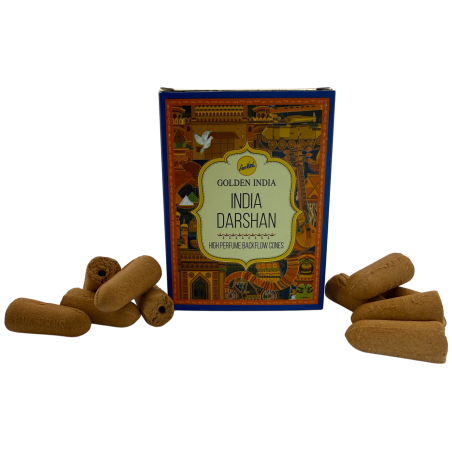 Cones de incenso de refluxo Aromas da Índia SREE VANI India Darshan Golden India - Pacote com 10 cones de refluxo preto
