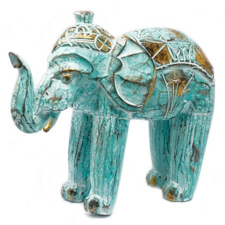 Elefante Tallado en Madera - Oro Turquesa - 8x27x24cm - Hecho en Indonesia