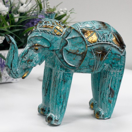 Elefante Tallado en Madera - Oro Turquesa - 8x27x24cm - Hecho en Indonesia