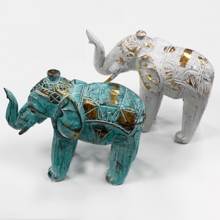 Elefante Tallado en Madera - Oro Turquesa - 8x27x24cm - Hecho en Indonesia
