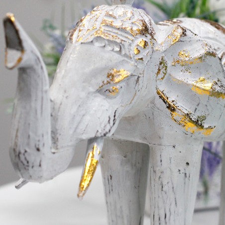 Elefante Tallado en Madera - Oro Blanco - 8x27x24cm - Hecho en Indonesia